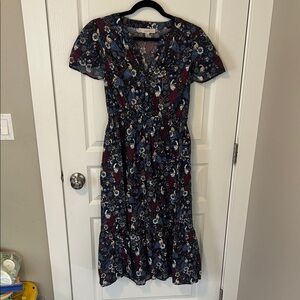 LOFT Navy and Burgundy Floral Midi Dress